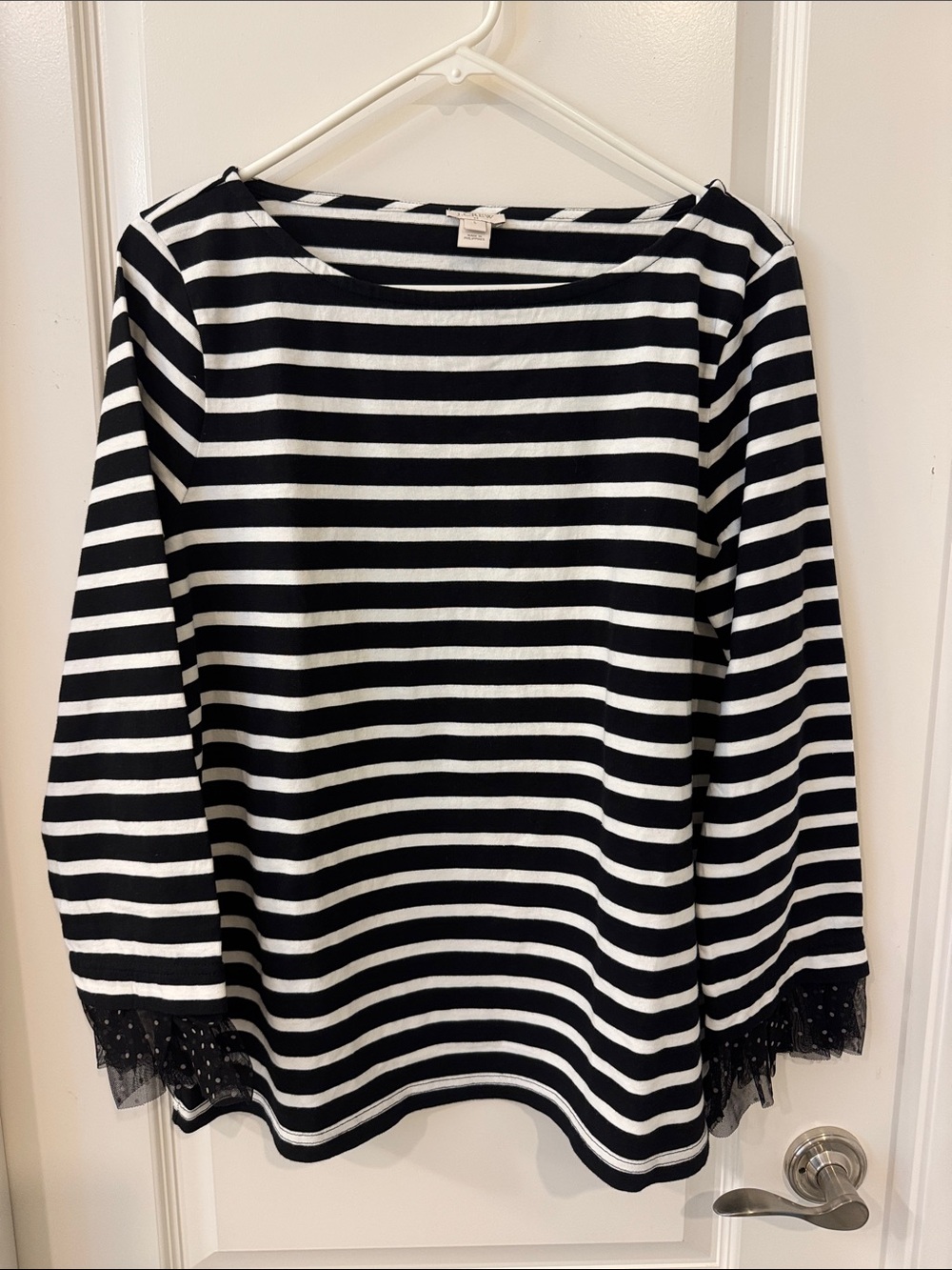 J. Crew Black and White Striped Boatneck Top with poked dots Lace Cuff
